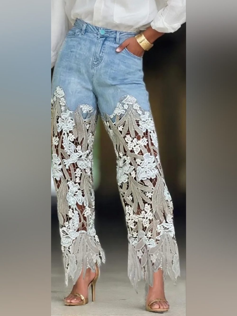 HIGH WAIST EMBROIDERED LACE DENIM JEANS  8